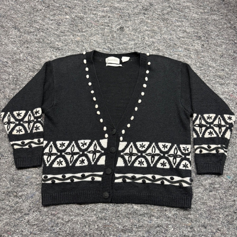 Vintage Jantzen Hand Embroidered Cardigan Sweater Black White Geometric Floral L
